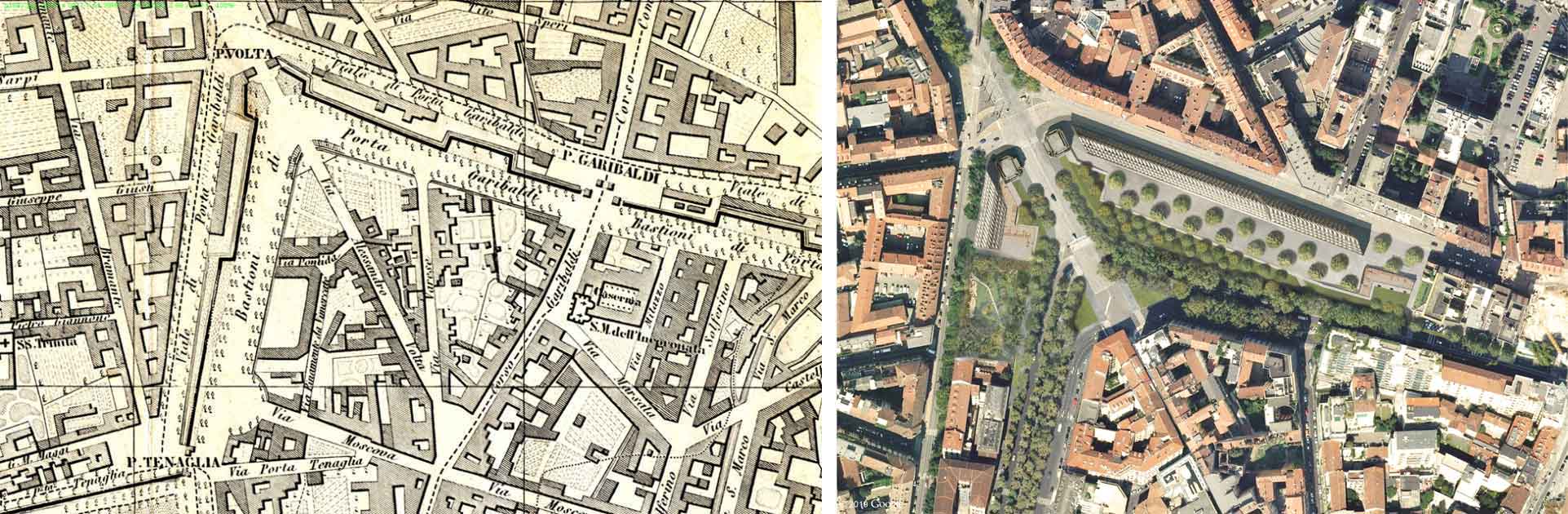 A sinistra, Milano, piantina del 1883; accanto aerial view © Herzog & de Meuron © 2019 Google Image © Landsat / Copernicus