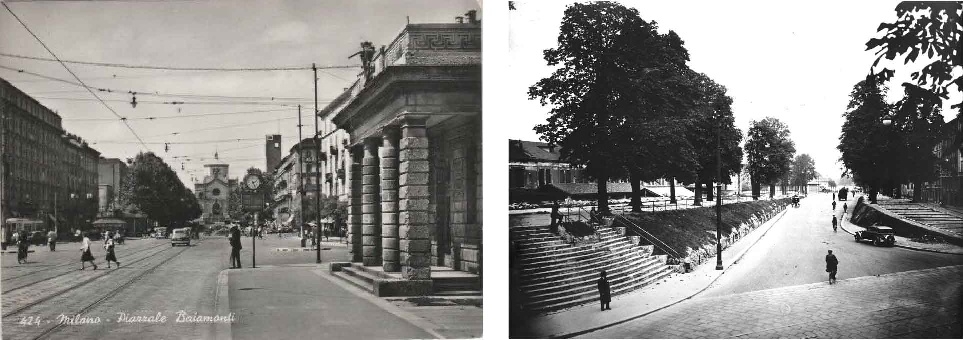 Da sinistra, una cartolina storica di piazzale Baiamonti e le mura spagnole di Milano verso Porta Volta all’inizio del XX secolo