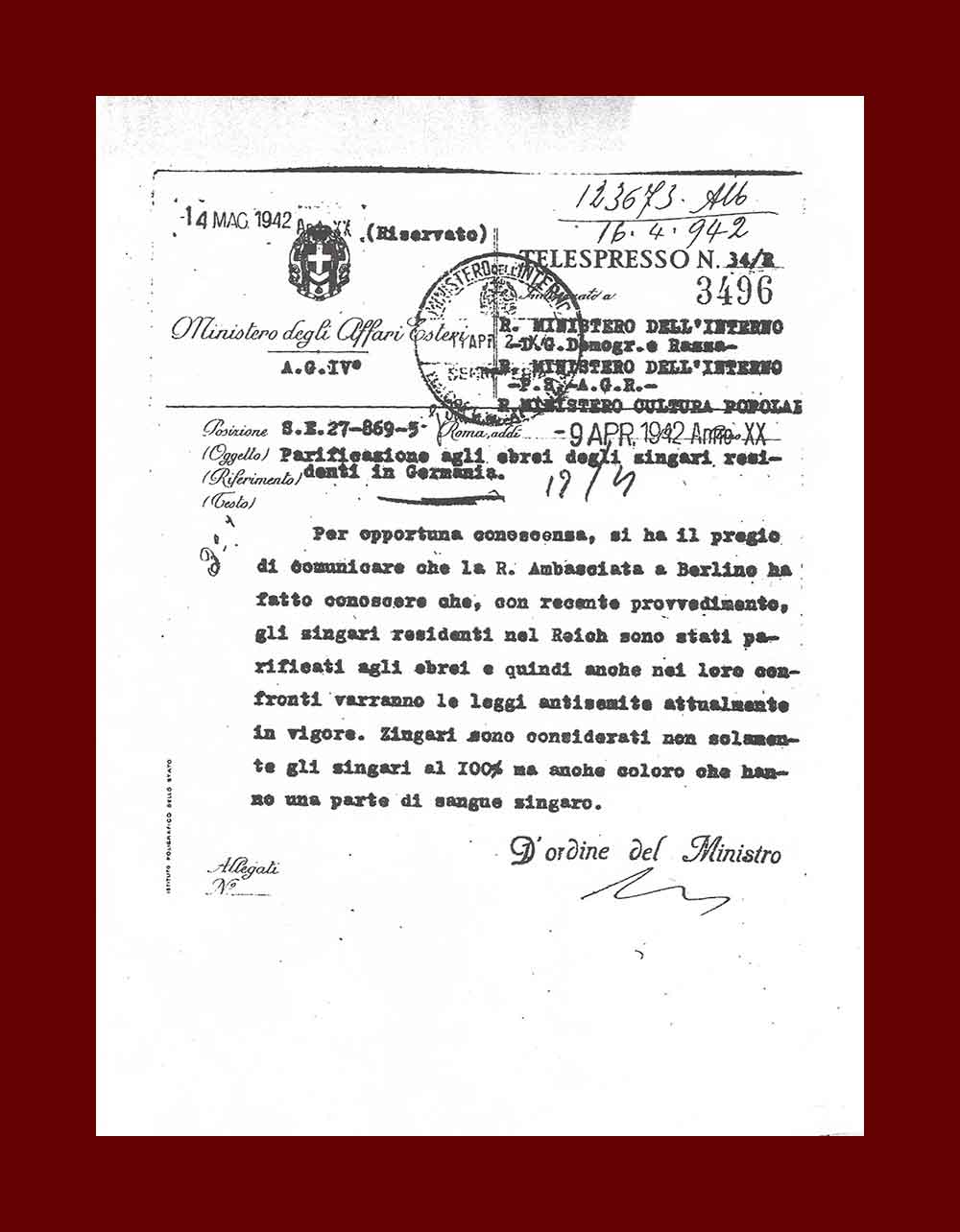 Telespresso dell'ambasciata italiana a Berlino del 9 aprile 1942