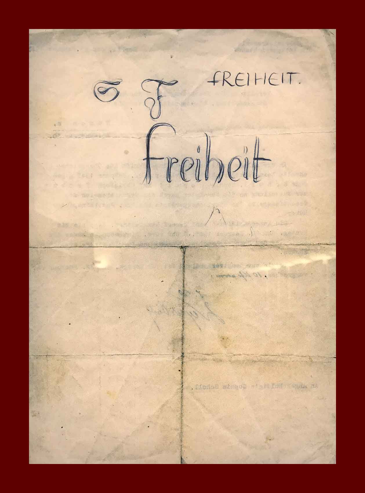 Il retro di un documento appartenente al Procuratore Capo, 21 febbraio 1943, con la scritta a mano "libertà" di Sophie Scholl