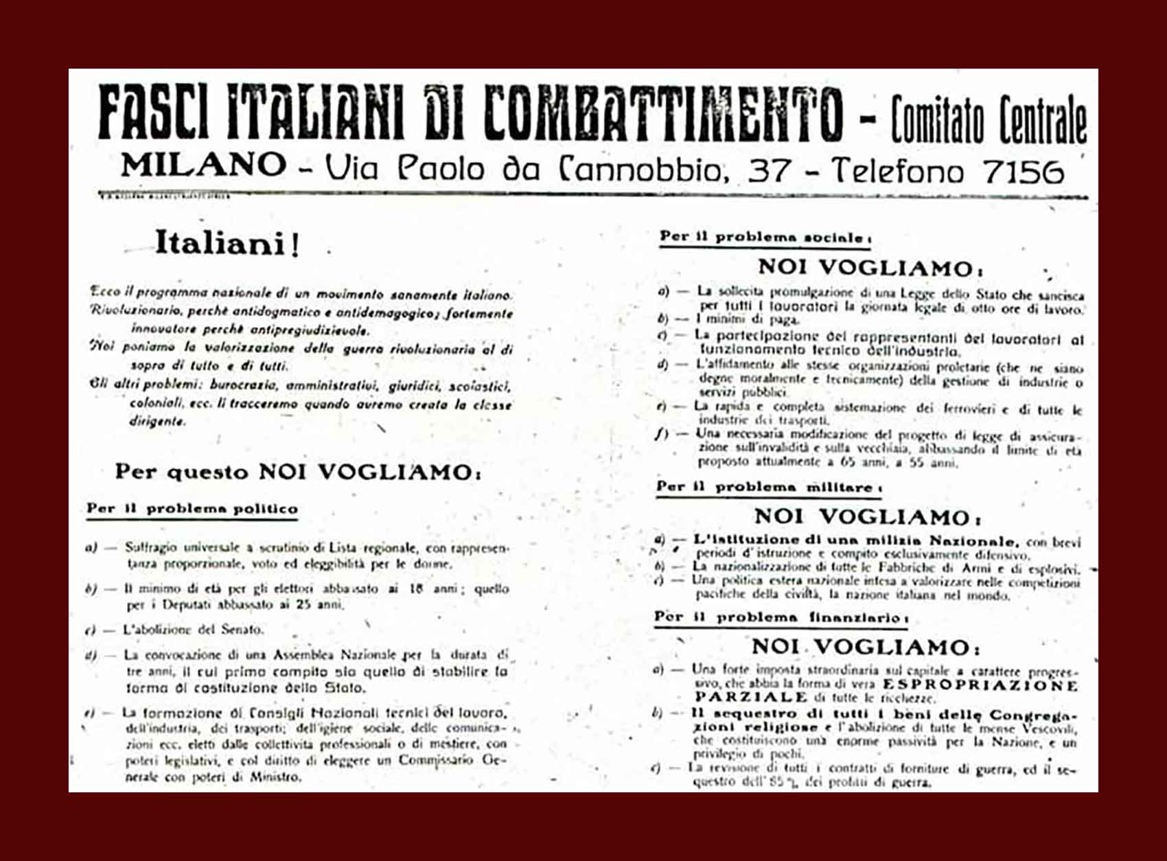 Manifesto dei Fasci italiani di combattimento pubblicato su Il Popolo d'Italia