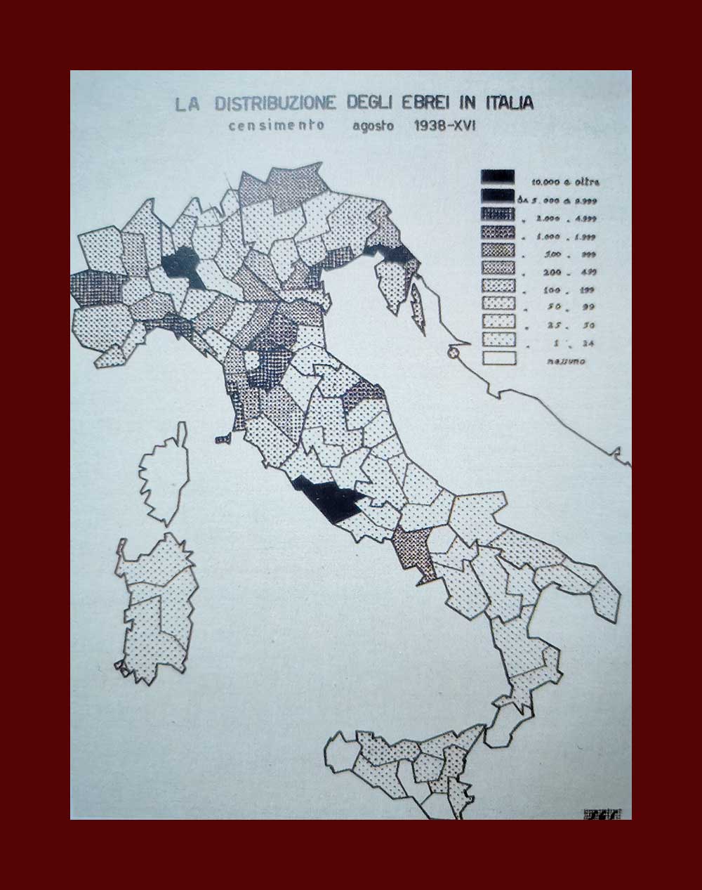 Mappa relativa alla distribuzione degli ebrei dopo il censimento dell’agosto 1938