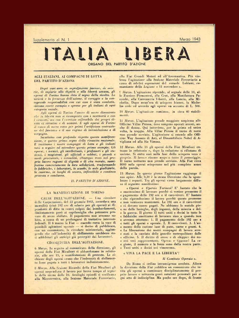 Supplemento n.1 del giornale clandestino del Partito d’Azione, «Italia libera», del marzo 1943