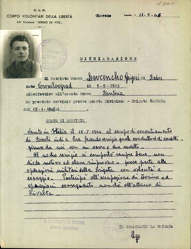 Scheda anagrafica del partigiano sovietico G. Levchenko