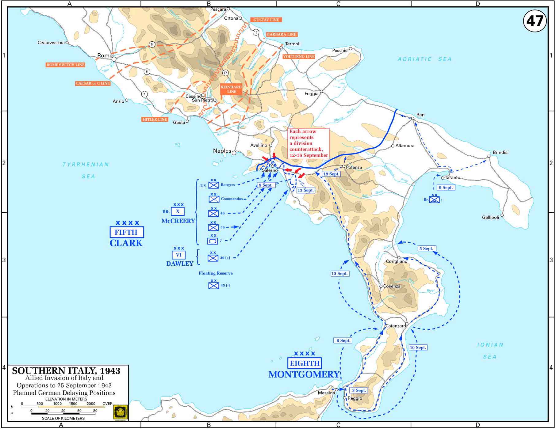 Mappa delle operazioni alleate in Italia meridionale